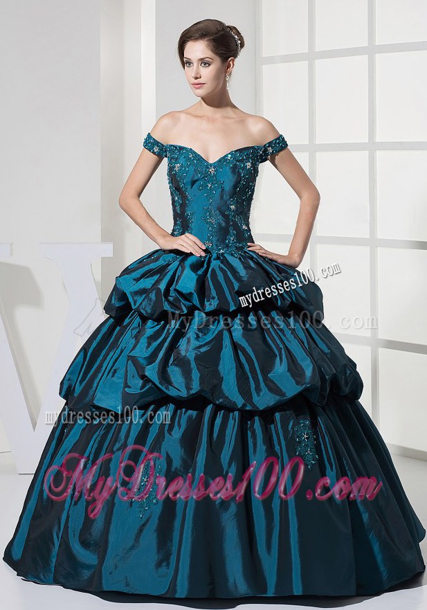 Appliques With Beading and Pick-ups Decorate Bodice Off The Shoulder Ball Gown Quinceanera Dress For 2013 Floor-length