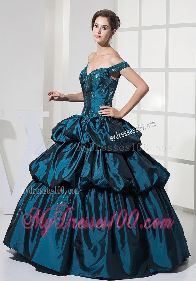 Appliques With Beading and Pick-ups Decorate Bodice Off The Shoulder Ball Gown Quinceanera Dress For 2013 Floor-length