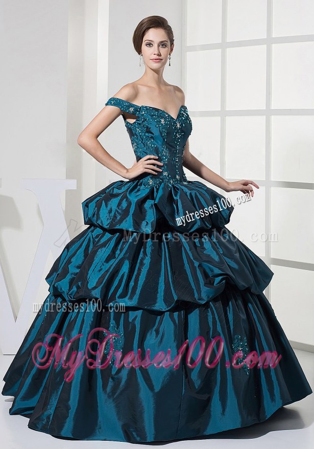 Appliques With Beading and Pick-ups Decorate Bodice Off The Shoulder Ball Gown Quinceanera Dress For 2013 Floor-length