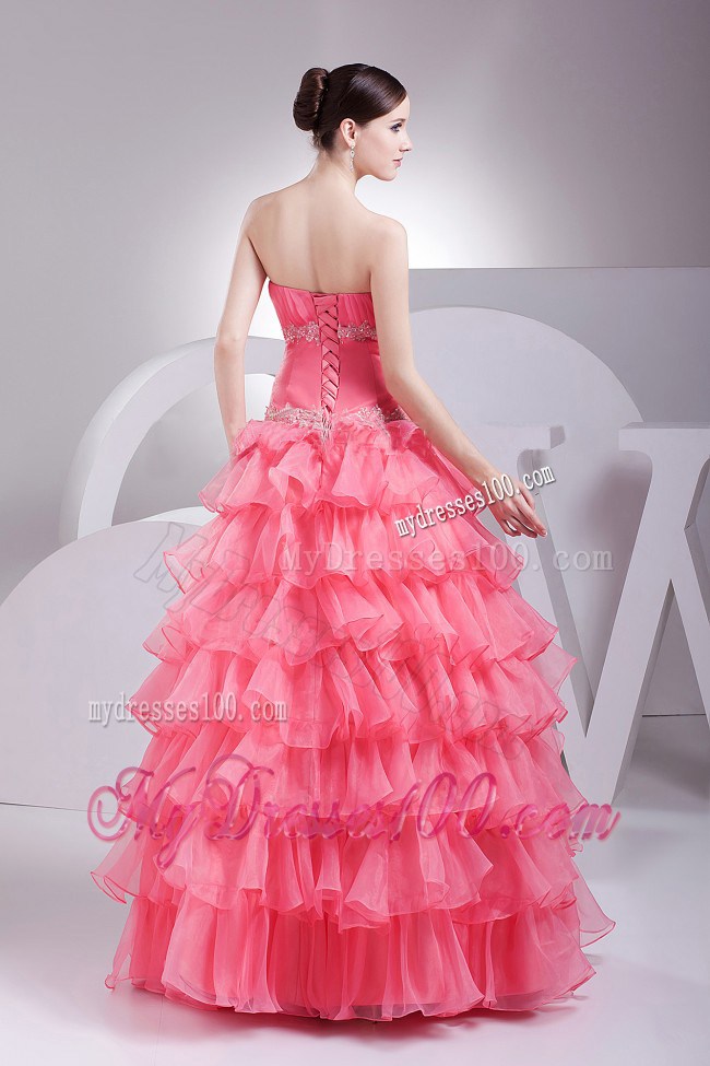 Appliques and Ruching Decorate Bodice Ruffled Layers Watermelon Red 2013 Prom Dress