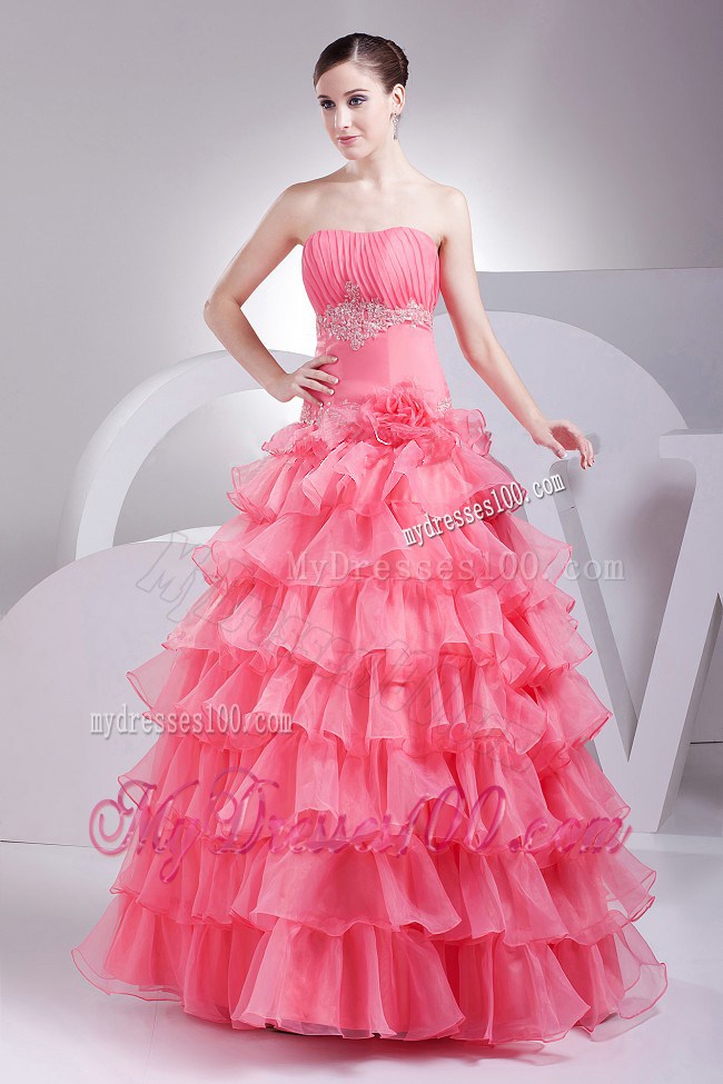Appliques and Ruching Decorate Bodice Ruffled Layers Watermelon Red 2013 Prom Dress