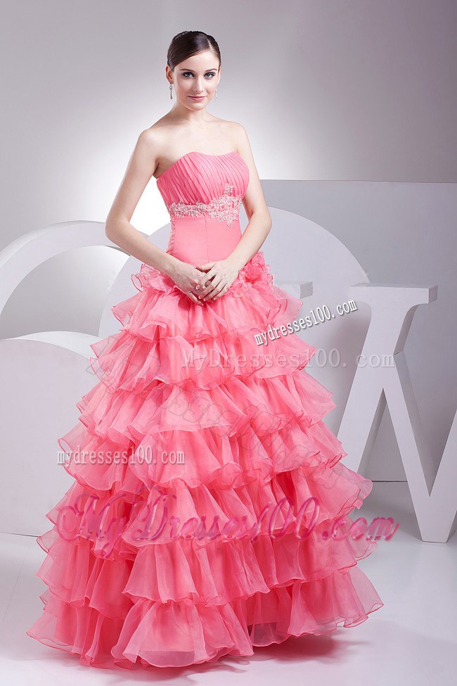 Appliques and Ruching Decorate Bodice Ruffled Layers Watermelon Red 2013 Prom Dress