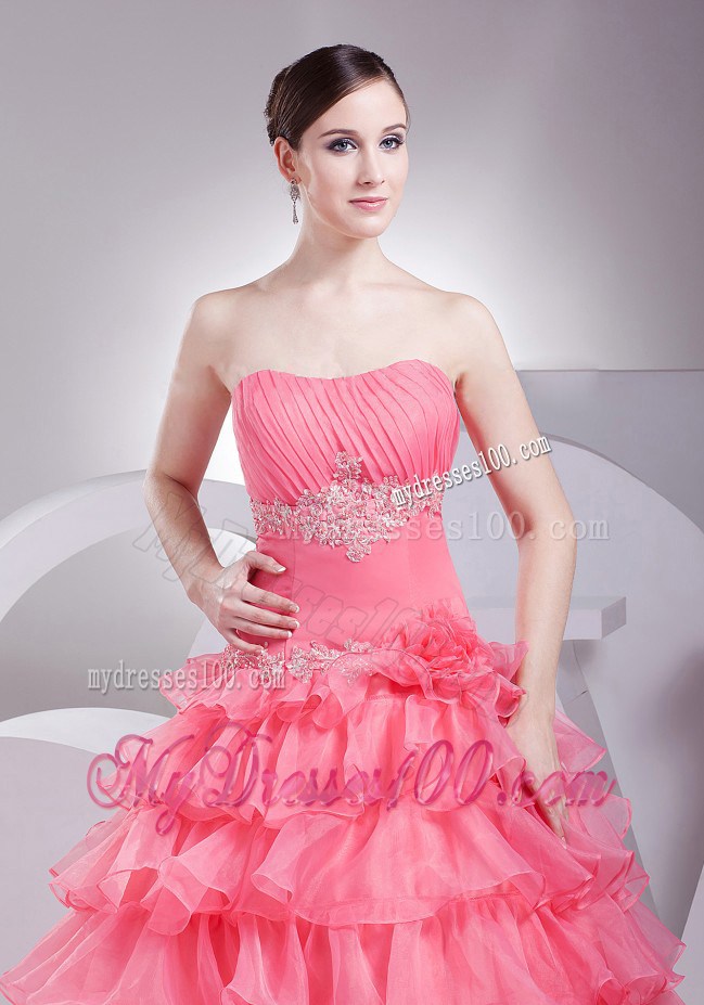 Appliques and Ruching Decorate Bodice Ruffled Layers Watermelon Red 2013 Prom Dress