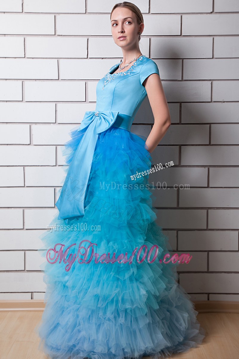 Aqua Blue Column Square Neck Evening Dress with Beading