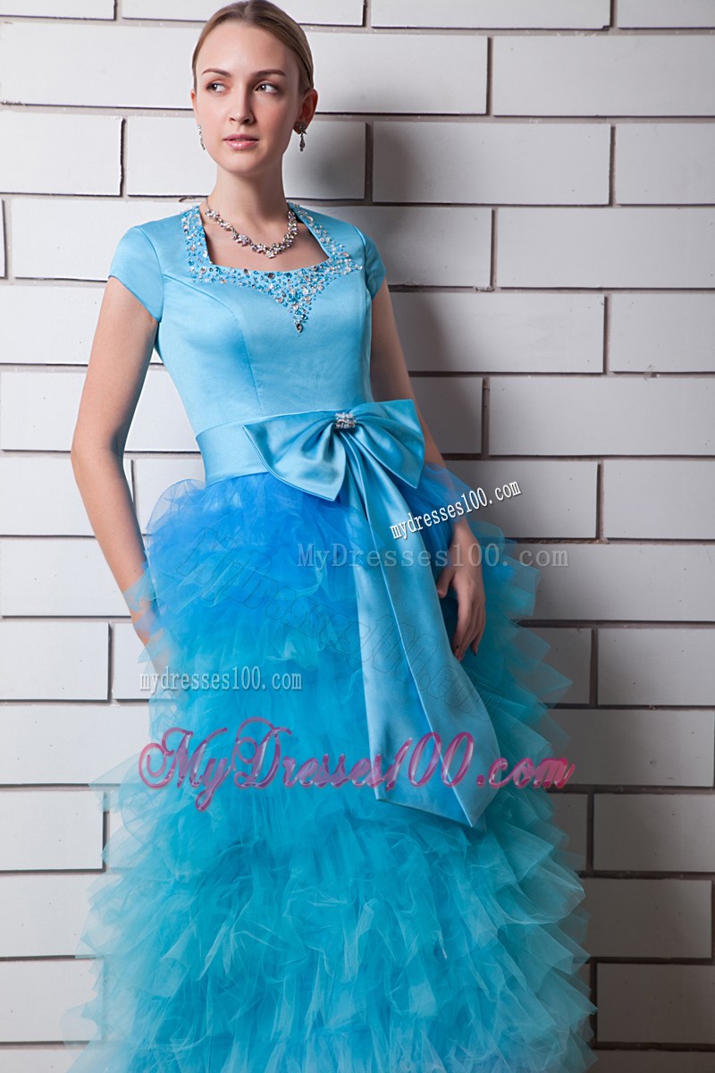 Aqua Blue Column Square Neck Evening Dress with Beading