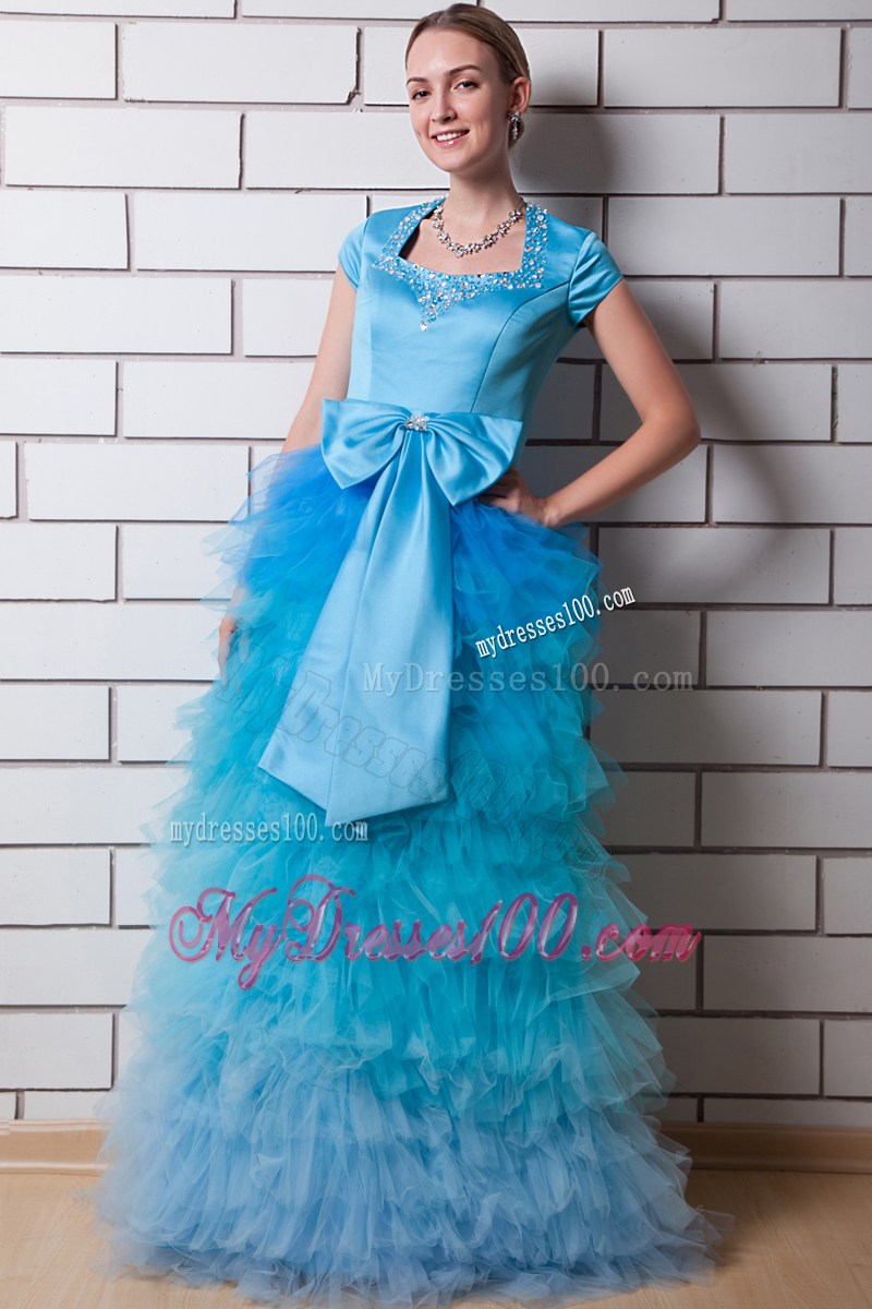 Aqua Blue Column Square Neck Evening Dress with Beading