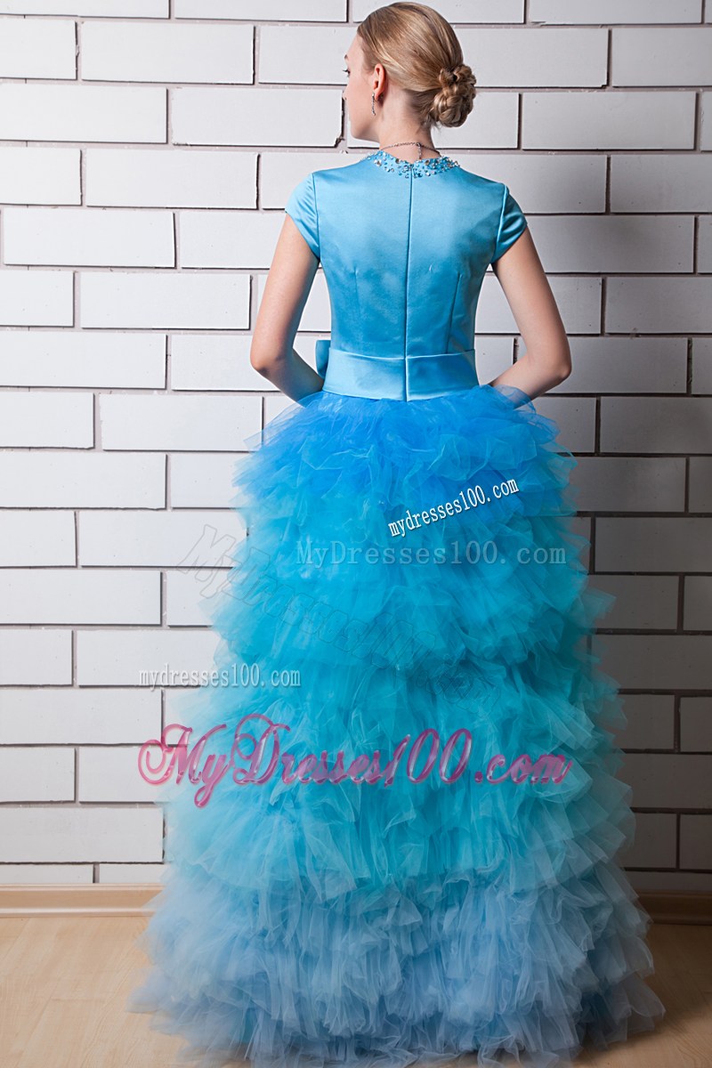 Aqua Blue Column Square Neck Evening Dress with Beading