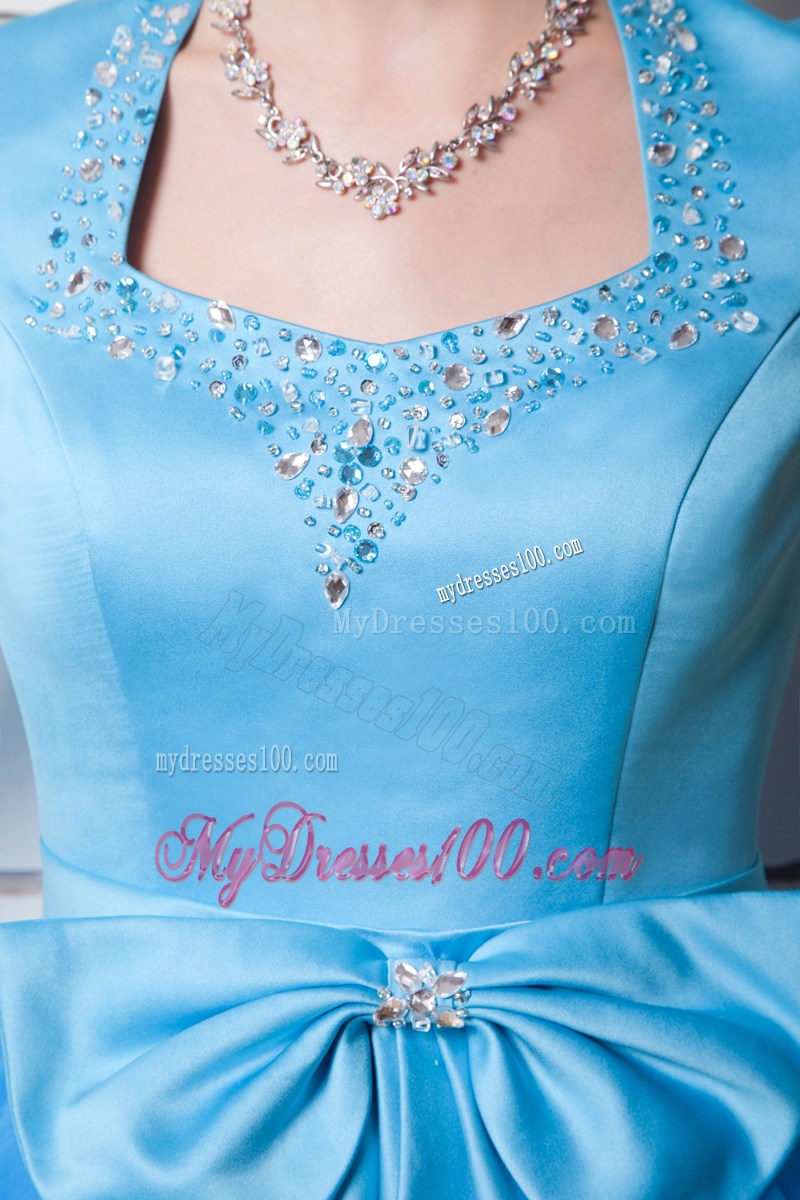 Aqua Blue Column Square Neck Evening Dress with Beading