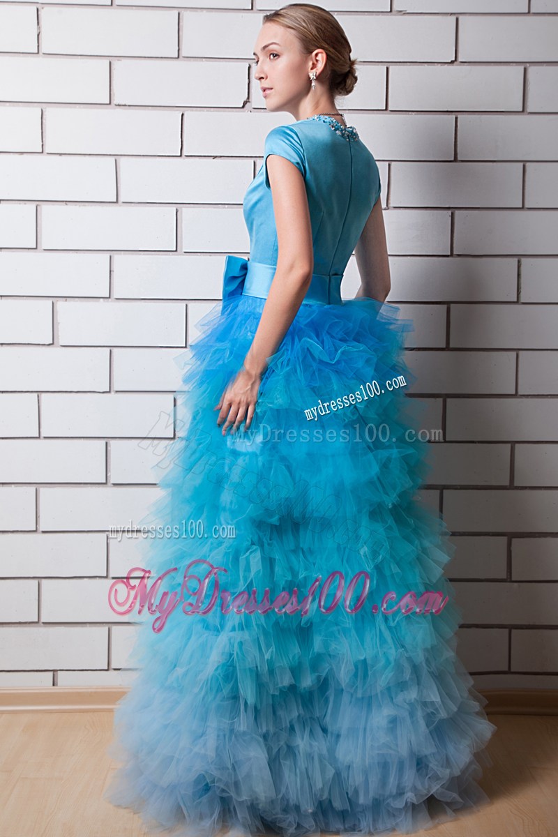 Aqua Blue Column Square Neck Evening Dress with Beading