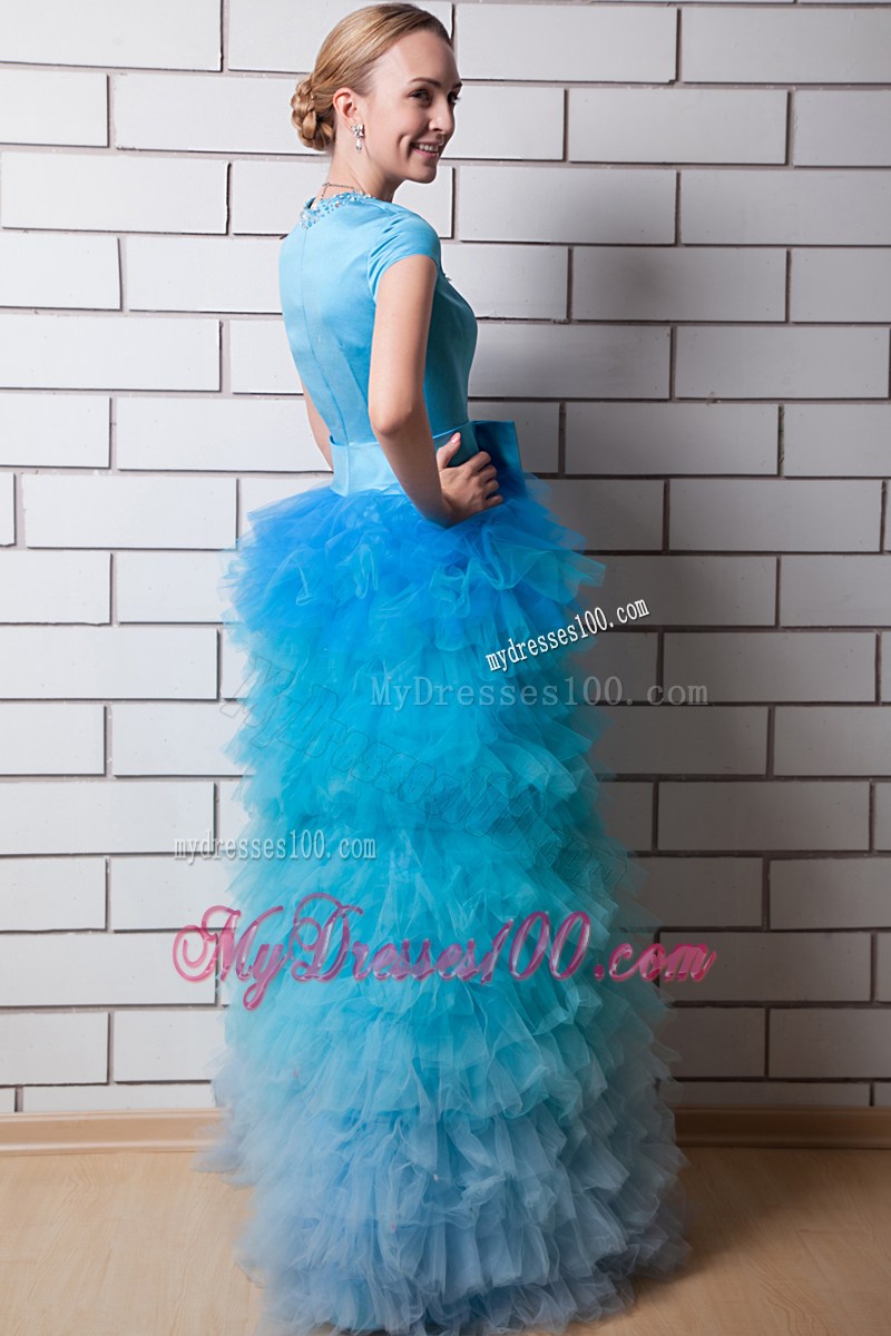 Aqua Blue Column Square Neck Evening Dress with Beading