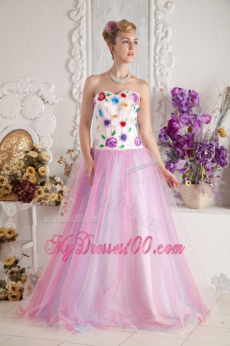 Baby Pink Prom Dress A-line Sweetheart Floor-length Colorful Appliques