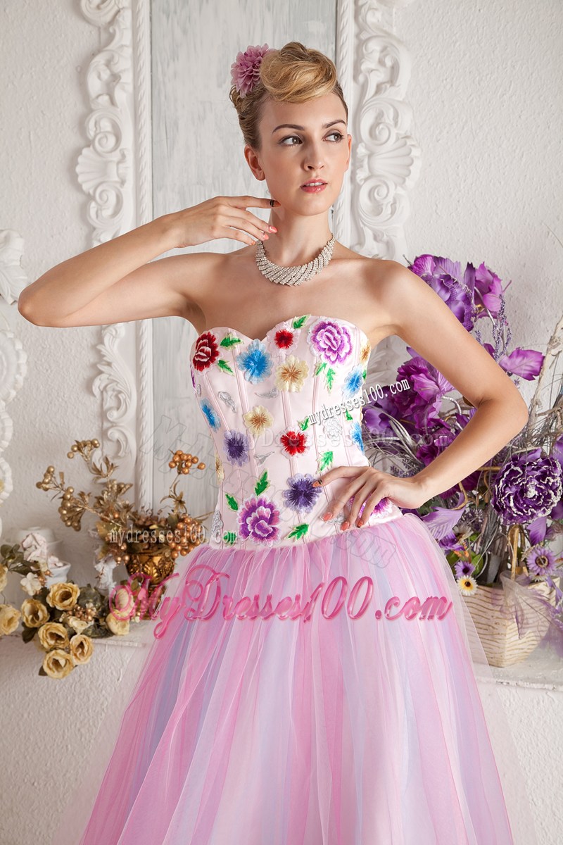 Baby Pink Prom Dress A-line Sweetheart Floor-length Colorful Appliques
