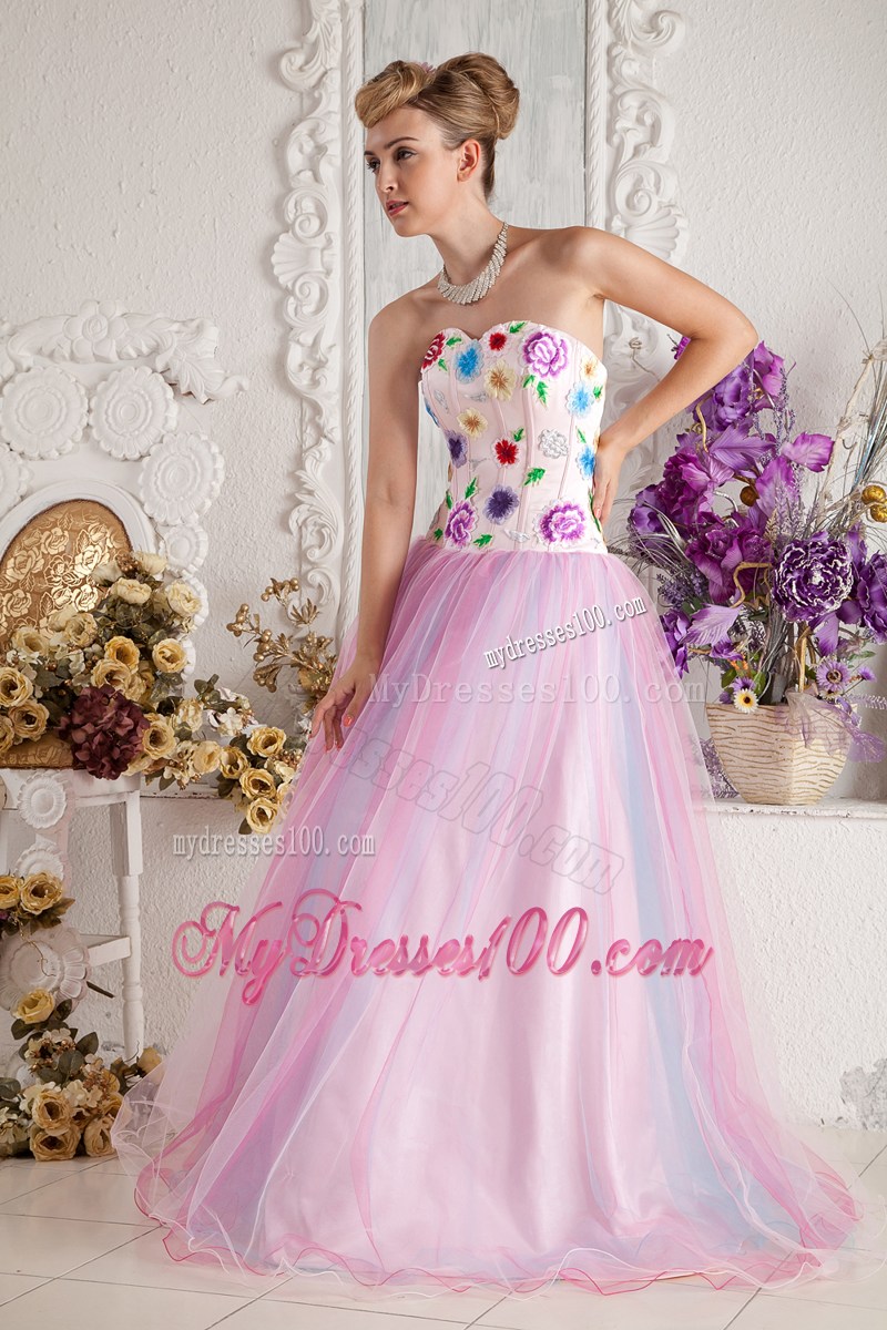 Baby Pink Prom Dress A-line Sweetheart Floor-length Colorful Appliques