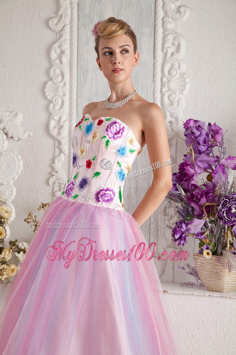 Baby Pink Prom Dress A-line Sweetheart Floor-length Colorful Appliques