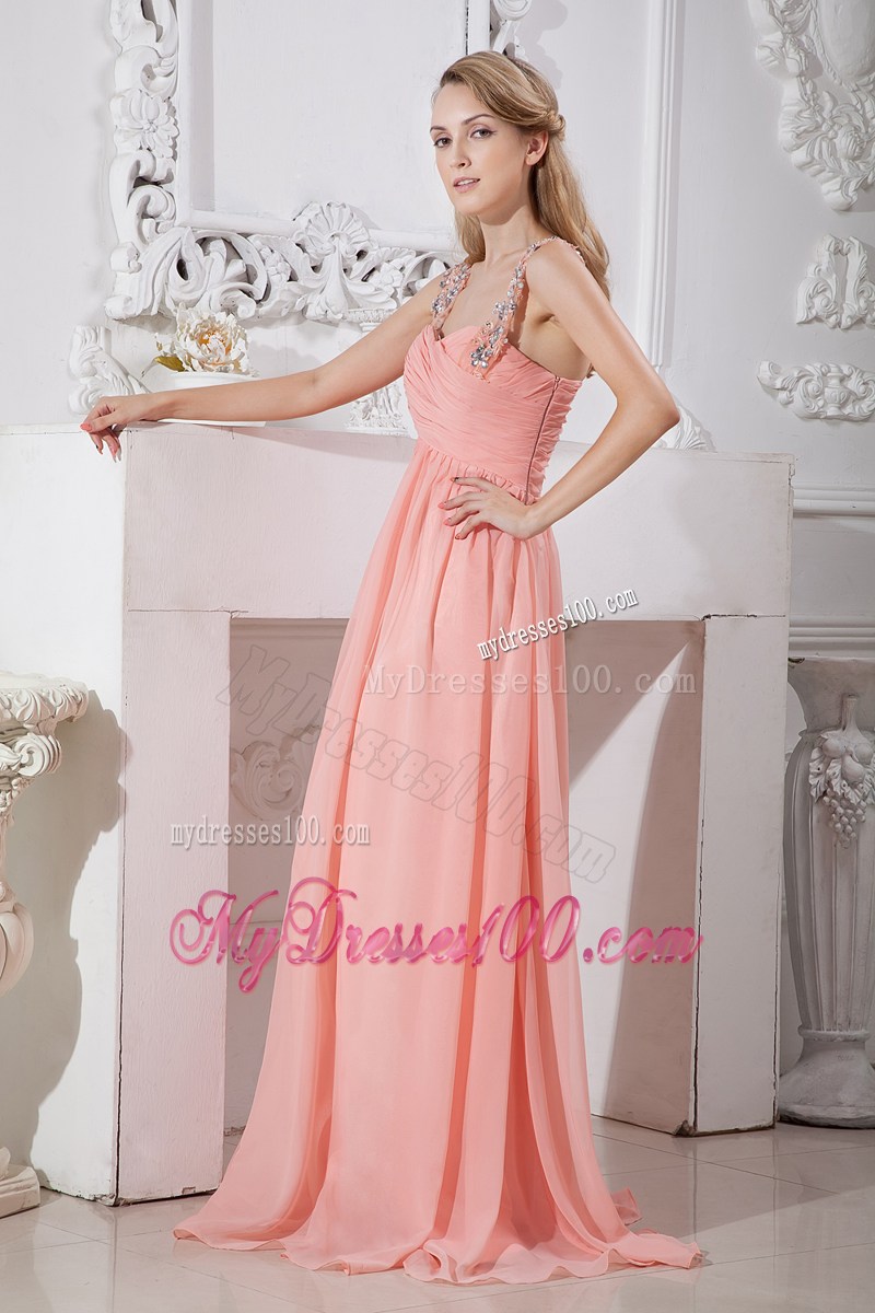 Watermelon Red Empire Straps Prom Dress Brush Train Beading