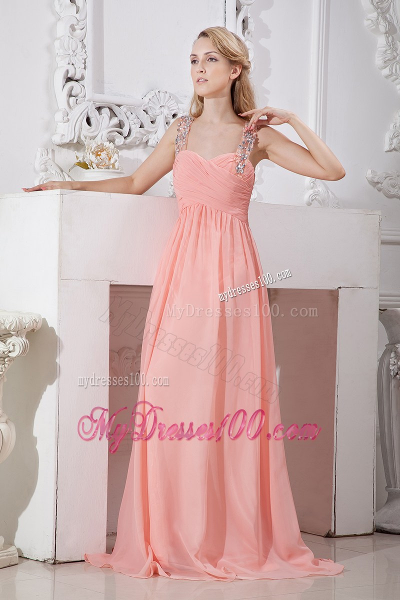 Watermelon Red Empire Straps Prom Dress Brush Train Beading