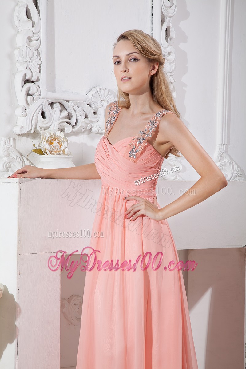 Watermelon Red Empire Straps Prom Dress Brush Train Beading