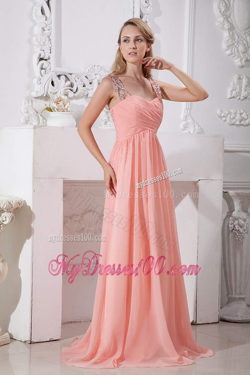 Watermelon Red Empire Straps Prom Dress Brush Train Beading
