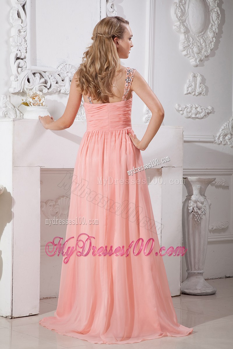 Watermelon Red Empire Straps Prom Dress Brush Train Beading