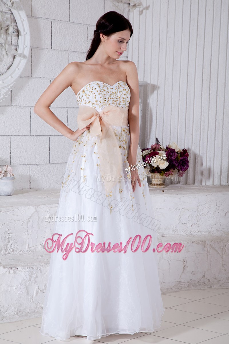 White Sweetheart Beaded Evening Dress with Gold Sashes
