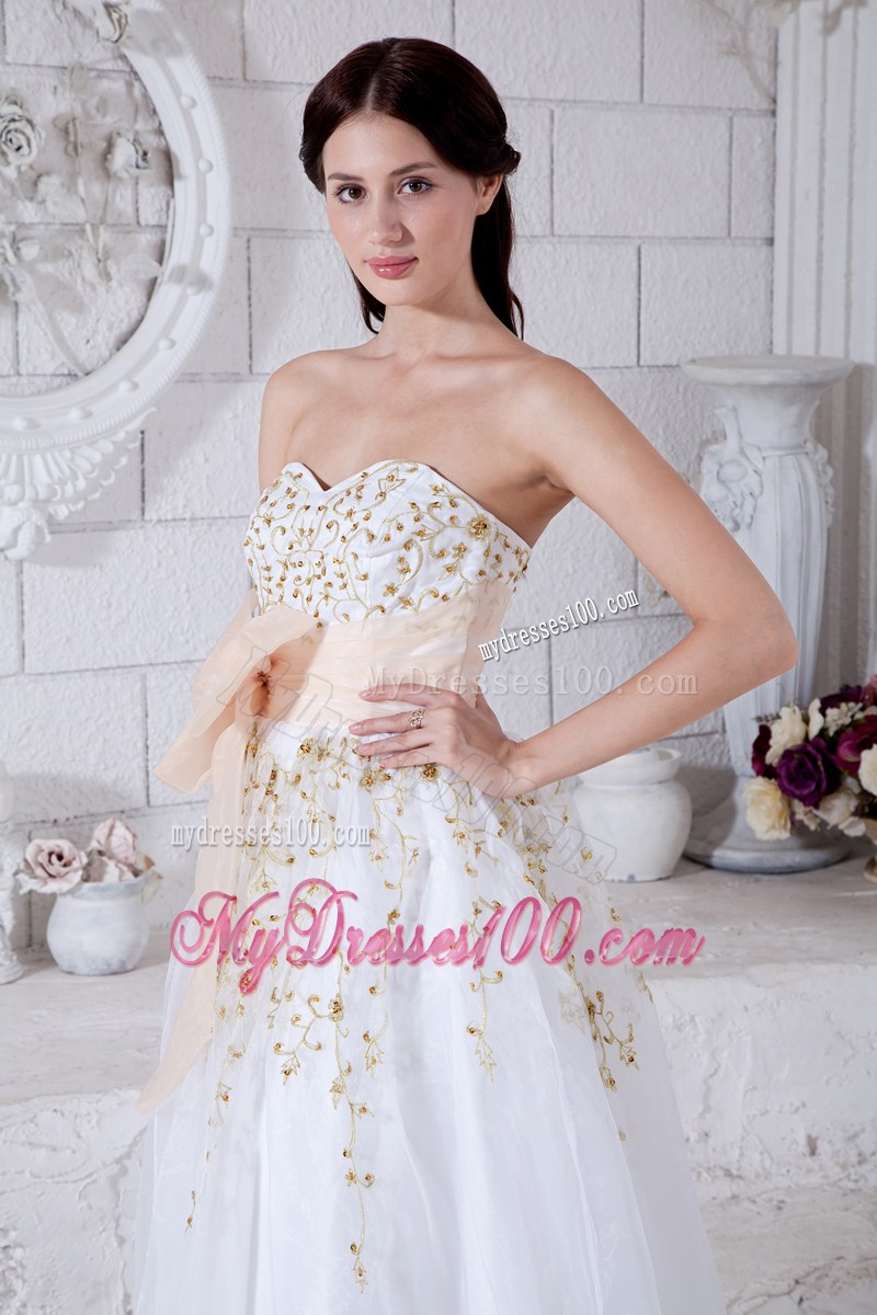 White Sweetheart Beaded Evening Dress with Gold Sashes