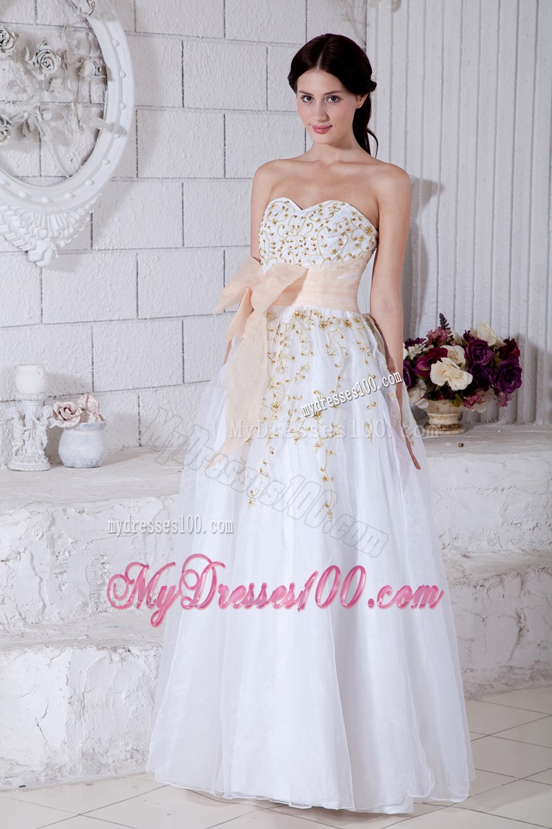 White Sweetheart Beaded Evening Dress with Gold Sashes