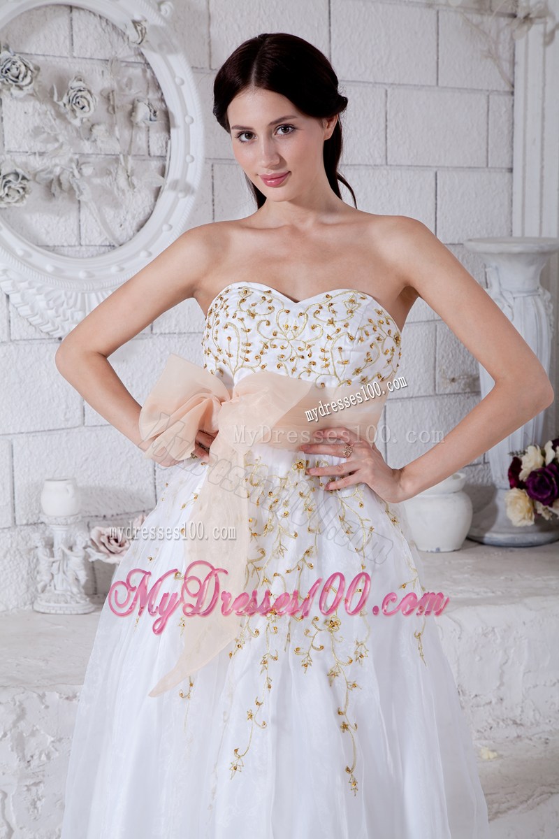 White Sweetheart Beaded Evening Dress with Gold Sashes