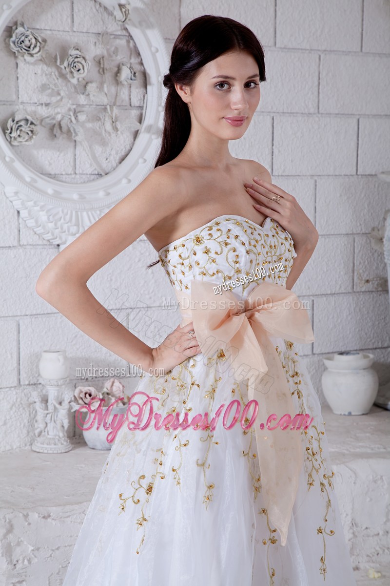 White Sweetheart Beaded Evening Dress with Gold Sashes