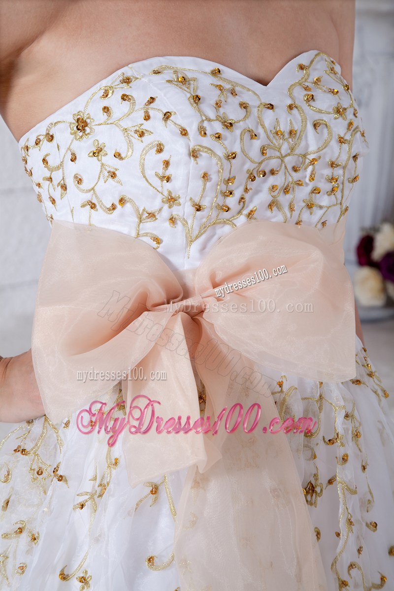 White Sweetheart Beaded Evening Dress with Gold Sashes