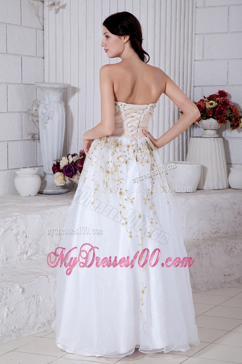 White Sweetheart Beaded Evening Dress with Gold Sashes