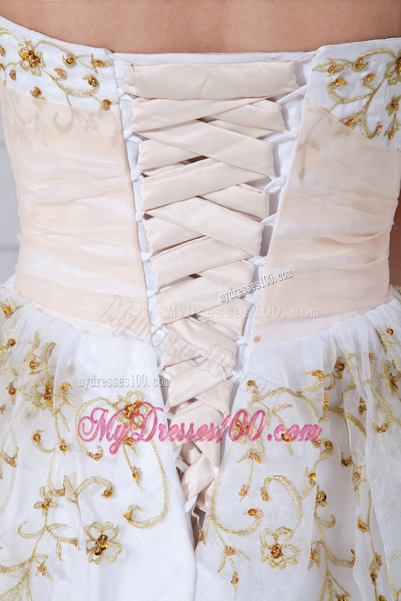 White Sweetheart Beaded Evening Dress with Gold Sashes