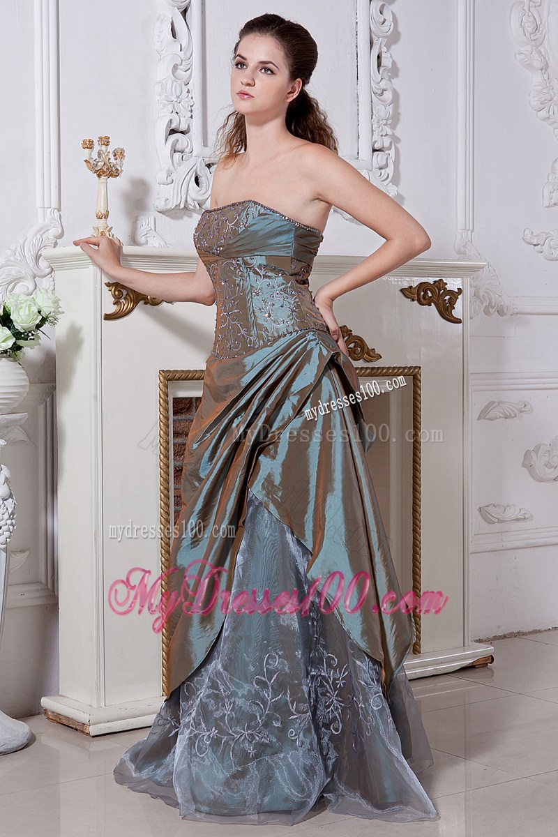 Olive Green Long Empire Strapless Embroidery Evening Dress