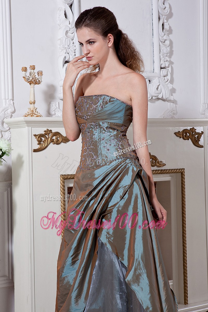 Olive Green Long Empire Strapless Embroidery Evening Dress