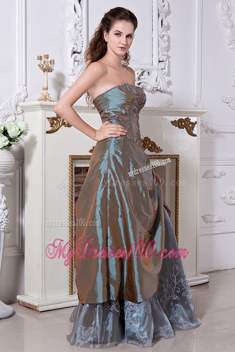 Olive Green Long Empire Strapless Embroidery Evening Dress