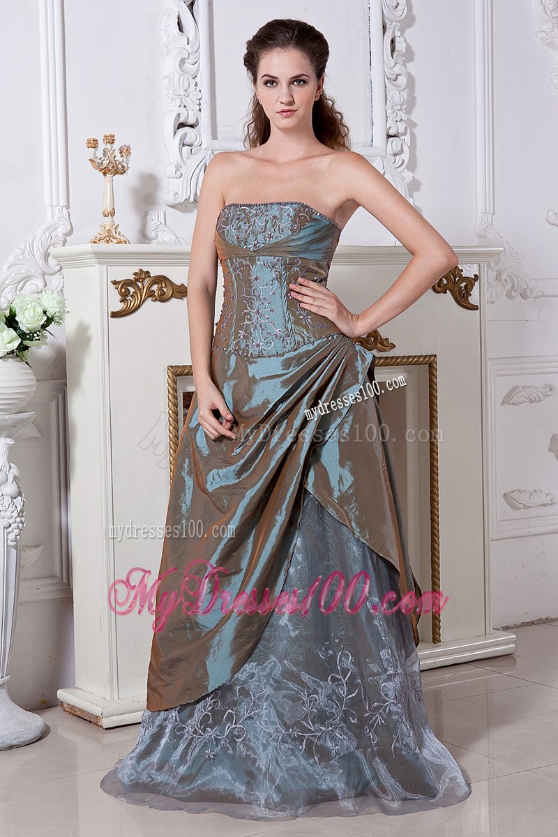 Olive Green Long Empire Strapless Embroidery Evening Dress