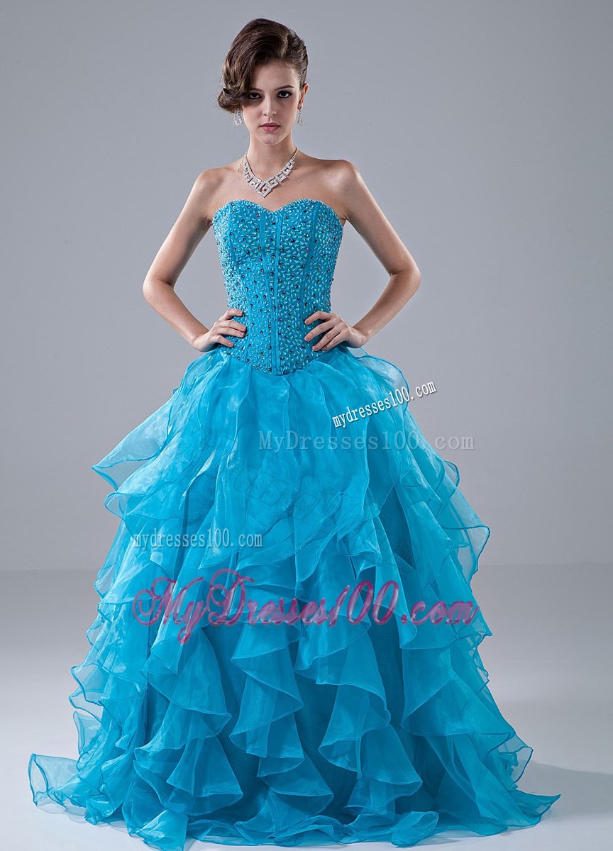 Blue Beading and Ruffles Sweetheart Evening Dress