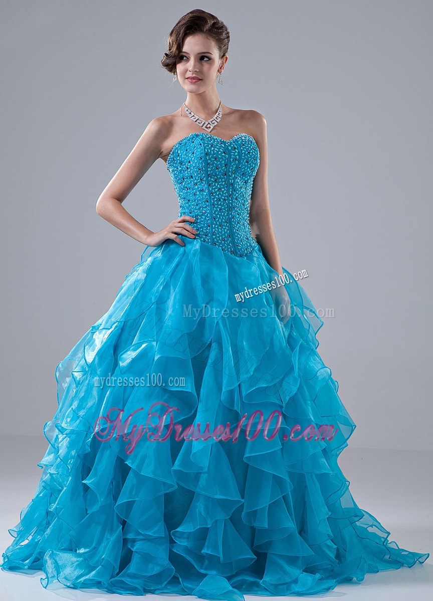 Blue Beading and Ruffles Sweetheart Evening Dress