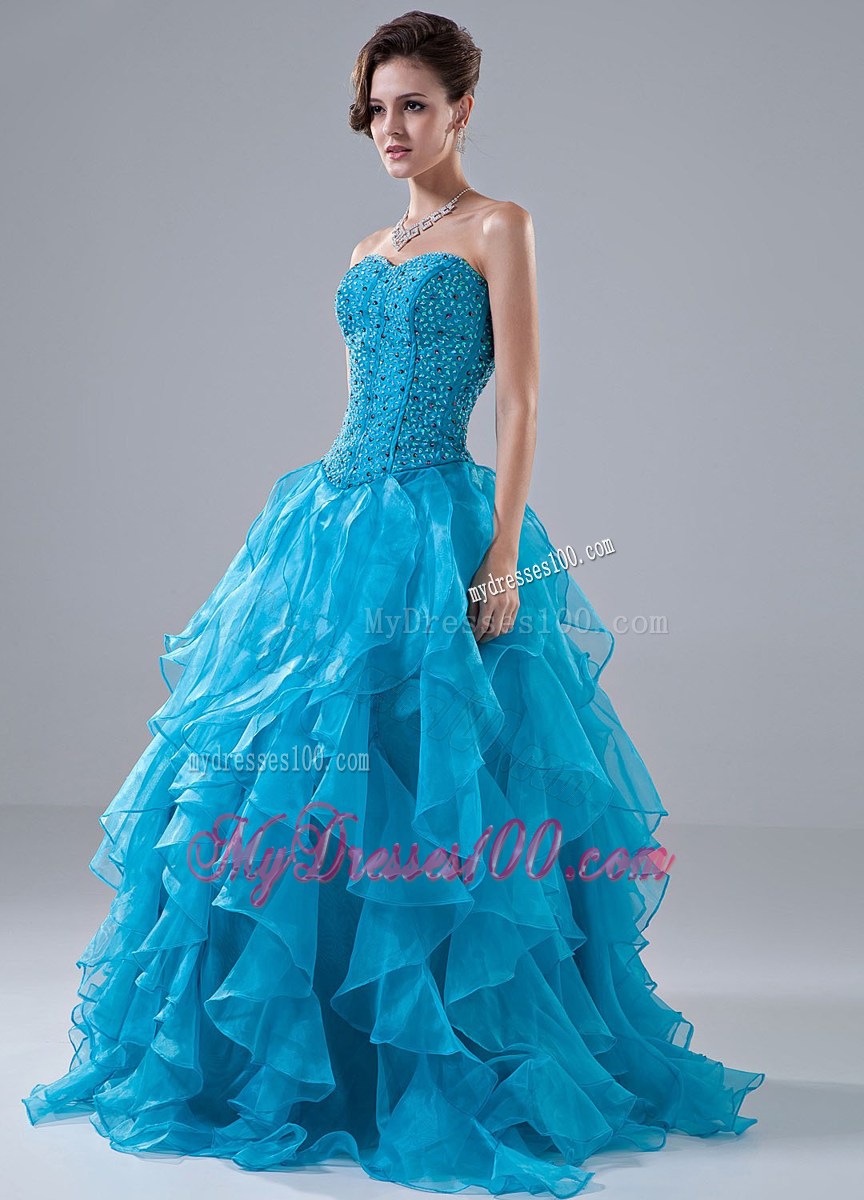 Blue Beading and Ruffles Sweetheart Evening Dress
