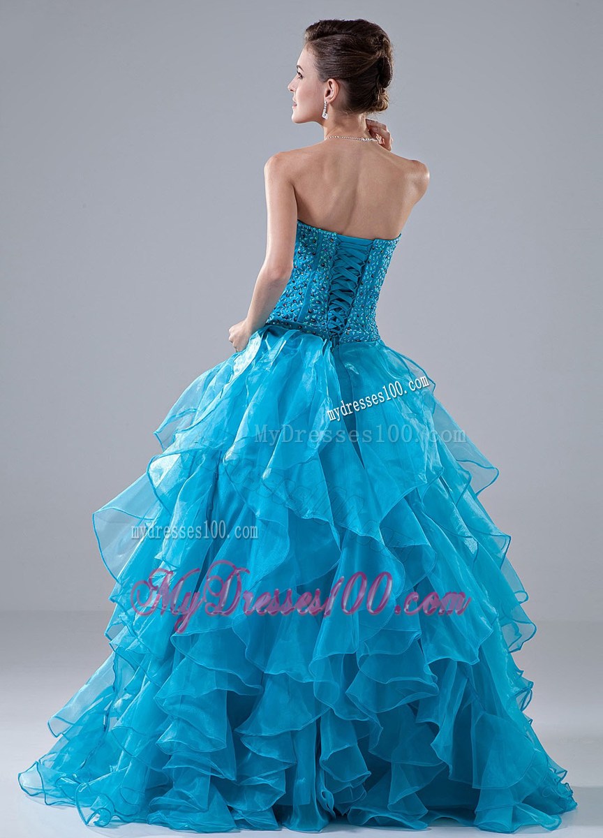 Blue Beading and Ruffles Sweetheart Evening Dress