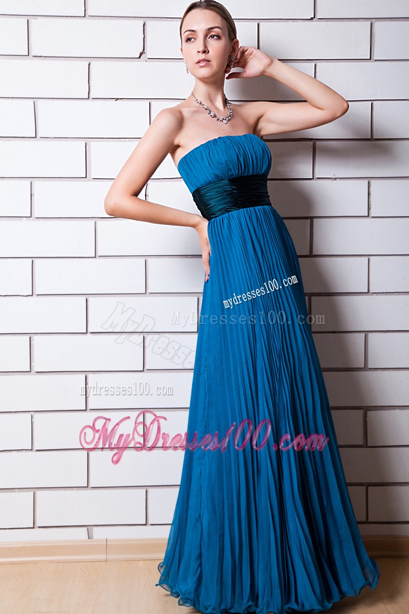Blue Empire Strapless Floor-length Pleat Prom Evening Dress