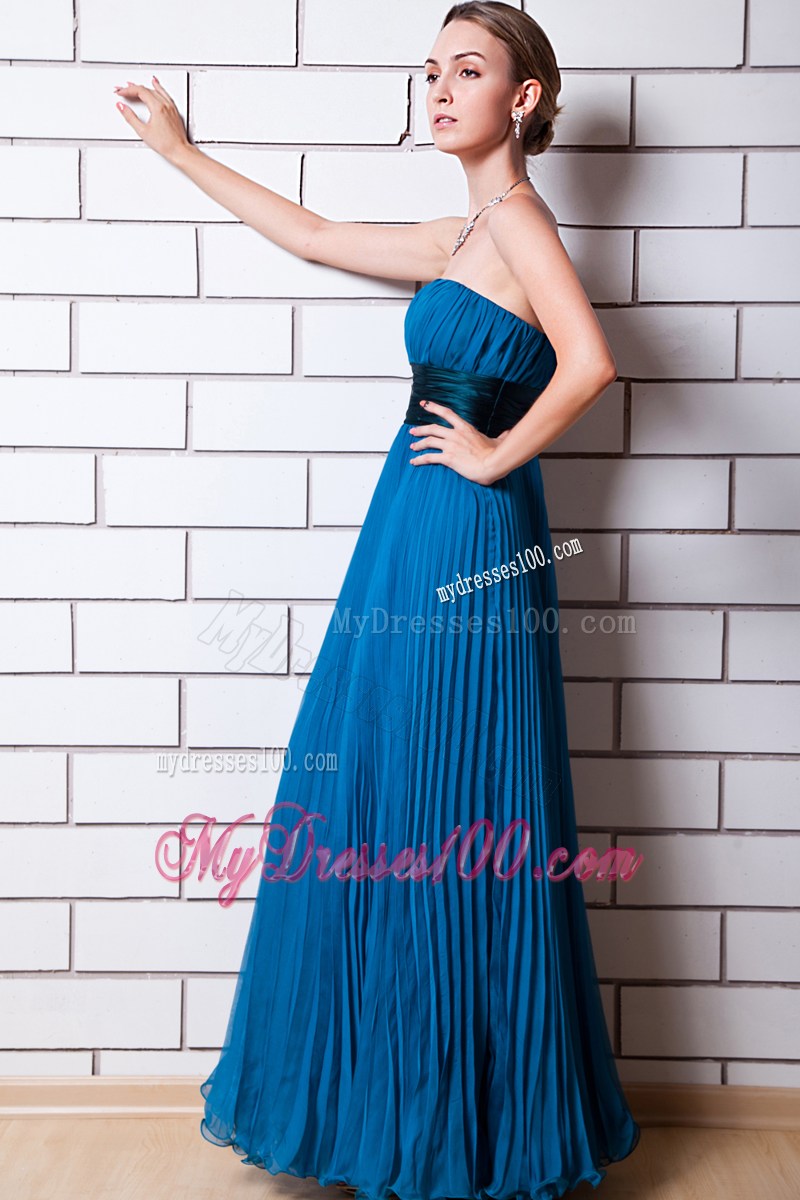 Blue Empire Strapless Floor-length Pleat Prom Evening Dress