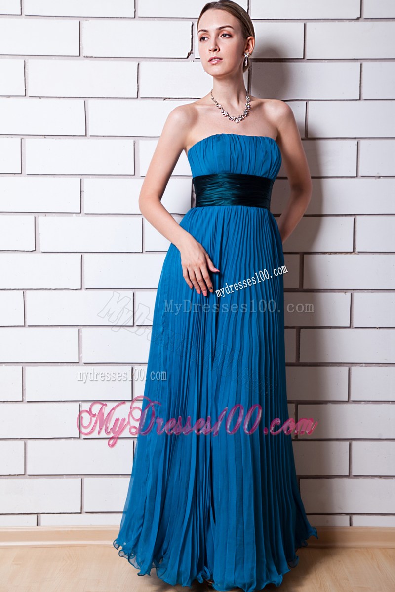Blue Empire Strapless Floor-length Pleat Prom Evening Dress