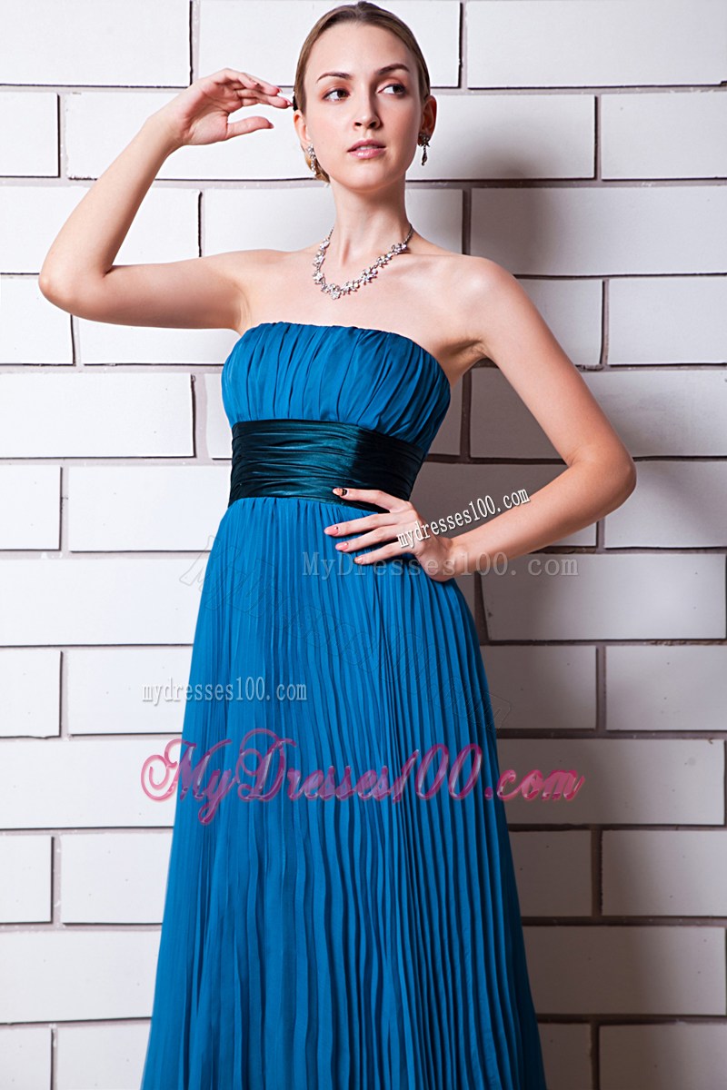 Blue Empire Strapless Floor-length Pleat Prom Evening Dress
