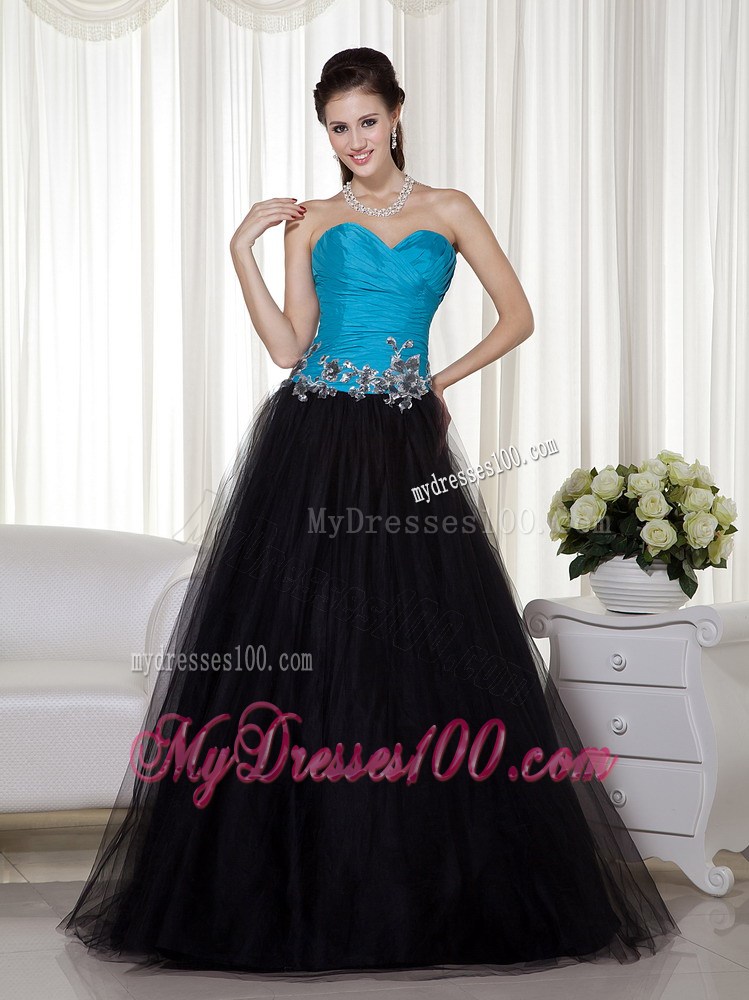 Blue and Black Sweetheart Appliques Prom Evening Dress