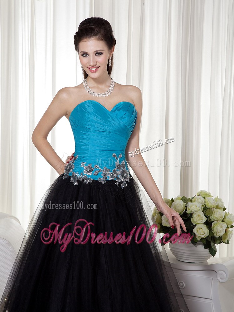 Blue and Black Sweetheart Appliques Prom Evening Dress