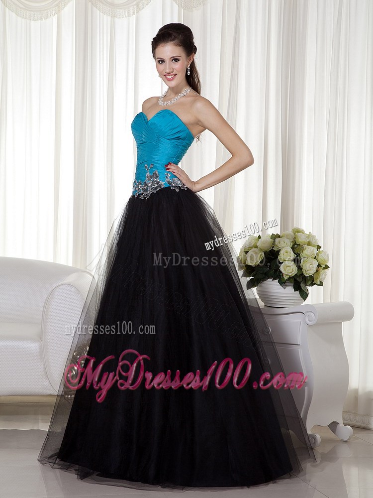 Blue and Black Sweetheart Appliques Prom Evening Dress