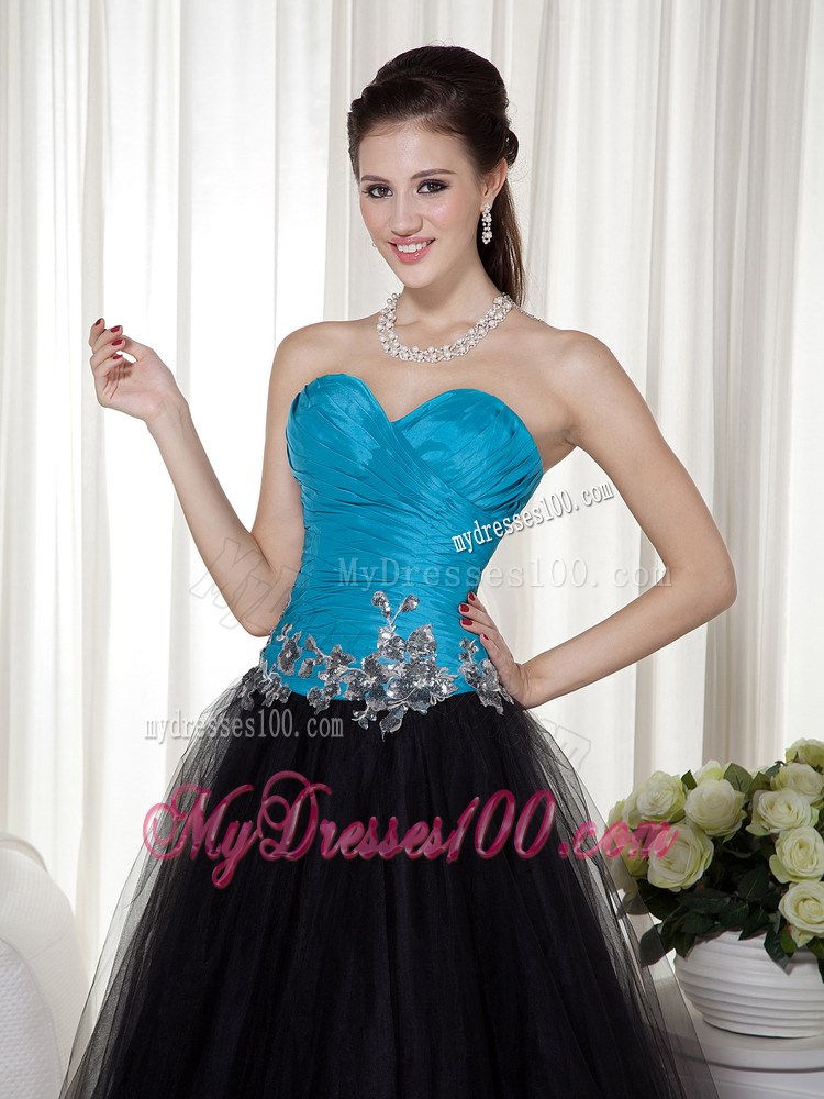Blue and Black Sweetheart Appliques Prom Evening Dress