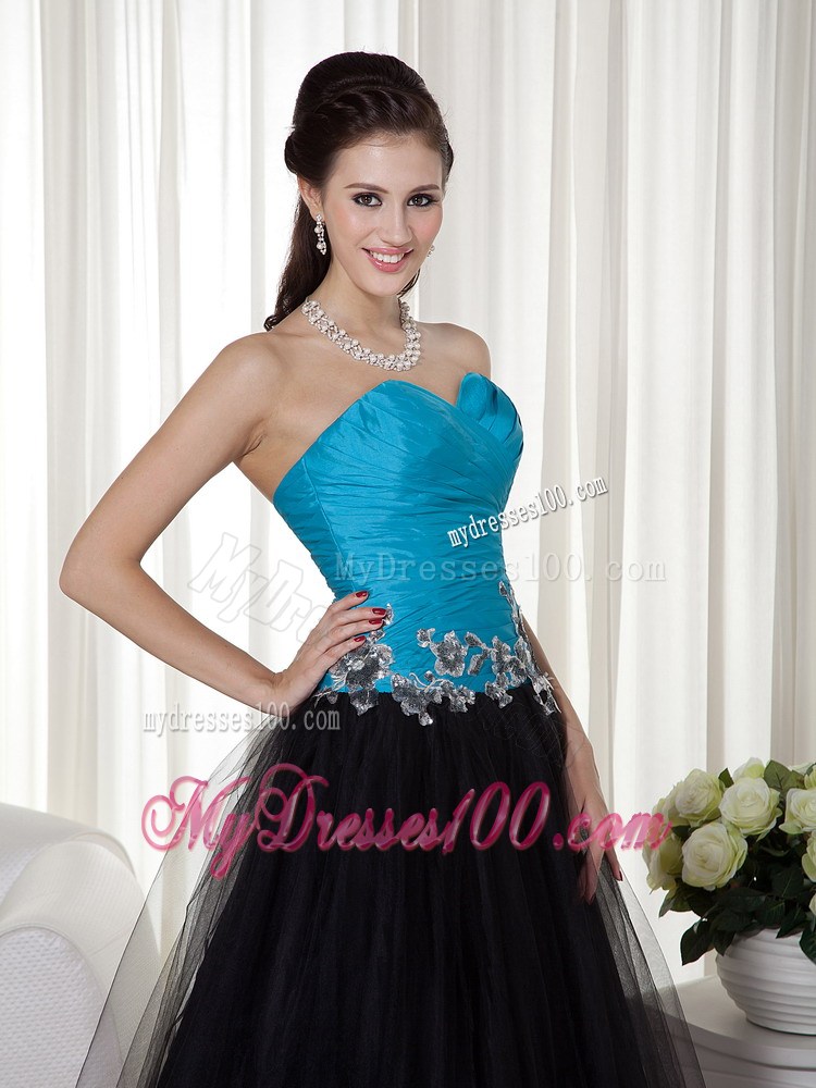 Blue and Black Sweetheart Appliques Prom Evening Dress