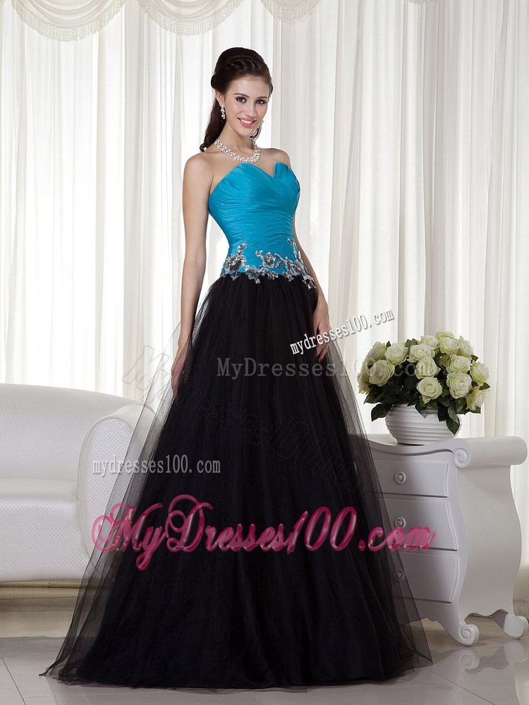 Blue and Black Sweetheart Appliques Prom Evening Dress
