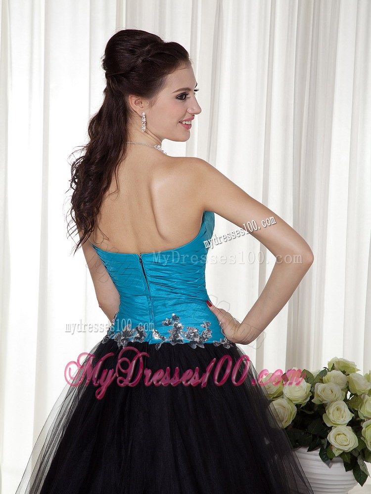 Blue and Black Sweetheart Appliques Prom Evening Dress